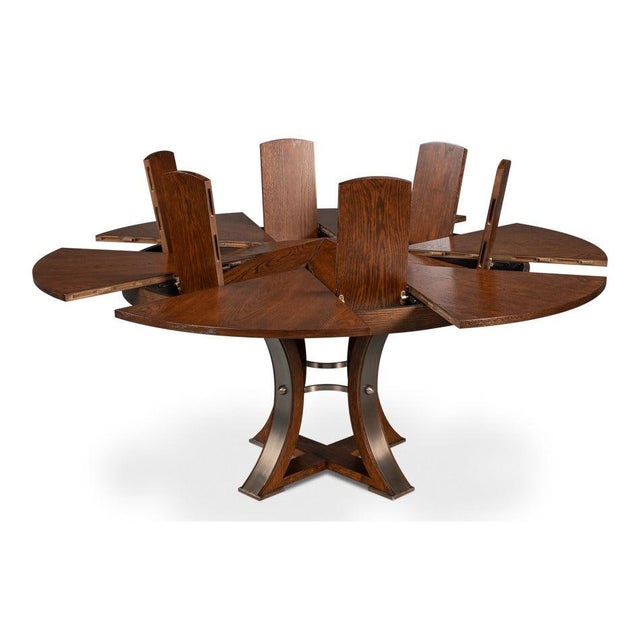 Transitional Round Dining Table, Medium - Warm Brown Oak With Hammered Iron Accents For Sale In Raleigh - Image 6 of 11