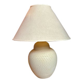 Vintage 1980s Textured Plaster Lamp W/Original Shade: Boho Eclectic Decor For Sale