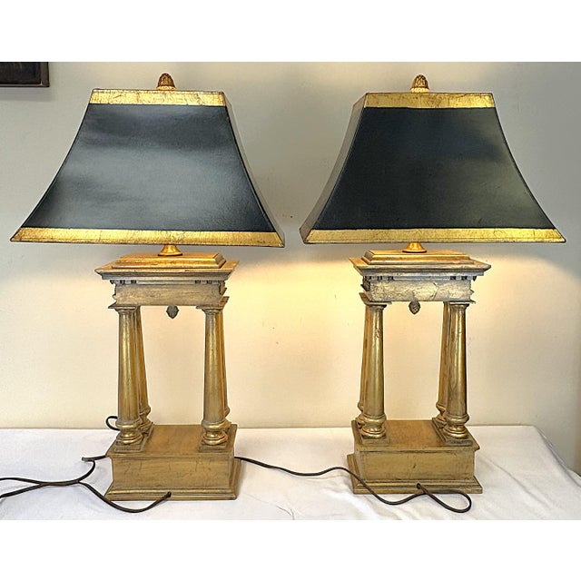 Gold Vintage French Empire Style Bouillotte Lamps With Finials and Shades- A Pair For Sale - Image 8 of 17