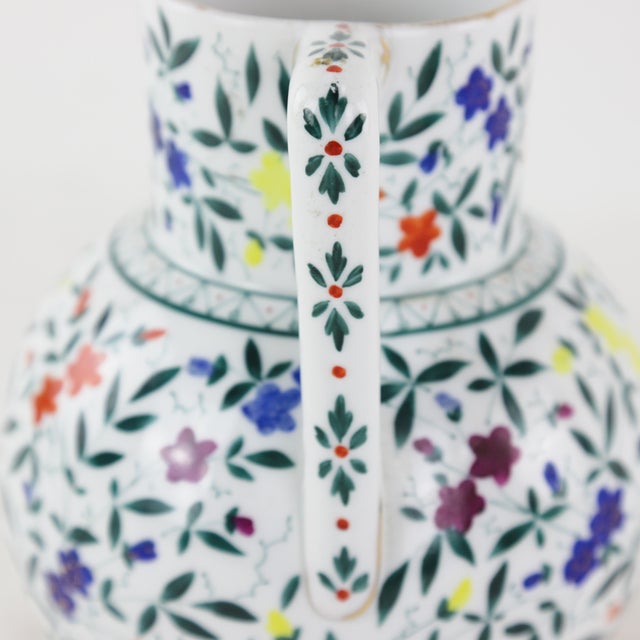 White Vintage Floral Bird Ceramic Pitcher With Colorful Hand-Painted Flowers For Sale - Image 8 of 11