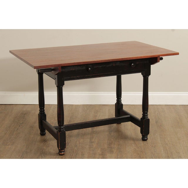 High Quality Distress Painted Tavern Table with Removable Hand Planed Cherry Wood Top Over Two Dovetailed Drawers
