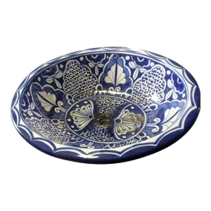 1990s Hand Painted Blue and White Porcelain Drop in Sink