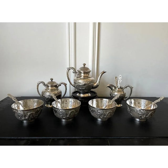 Chinese Export Sterling Silver Tea Set with Dragon Design Tianjing Wuhua - 13 Pieces For Sale - Image 11 of 13