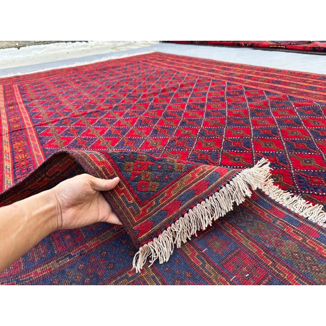 Good Quality Red and Navy Mushwani Andkhoy Hand-Woven Wool Rug - 6'8" X 10' For Sale - Image 12 of 12