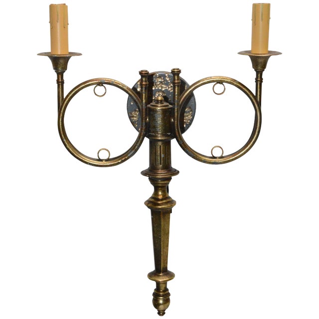 Gilt Finish Hunting Horn Electrified Wall Sconce For Sale