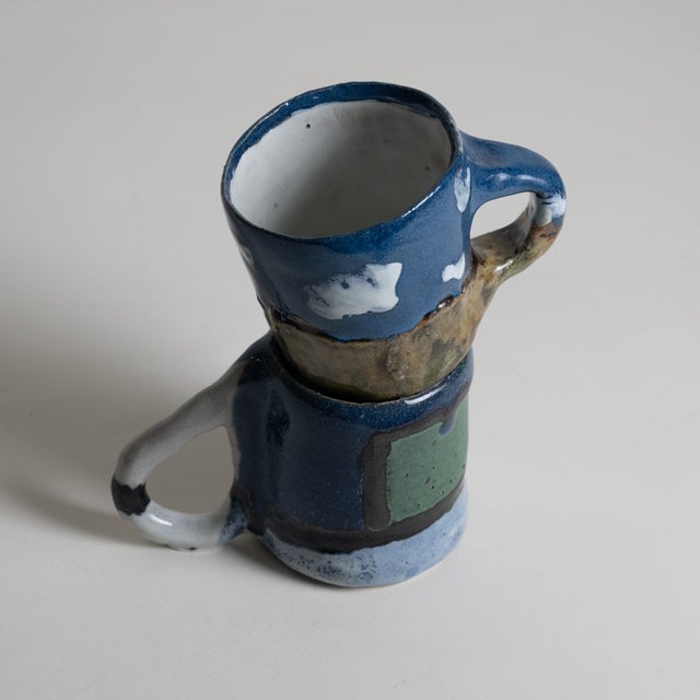 Whimsical Pair of Rustic Studio Pottery Coffee Mugs, by Artist d.o.n. For Sale - Image 11 of 11