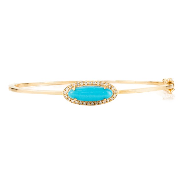 Mid 20th Century 2.22 Ct Turquoise Halo Diamond Contemporary Bangle in 14k Gold For Sale