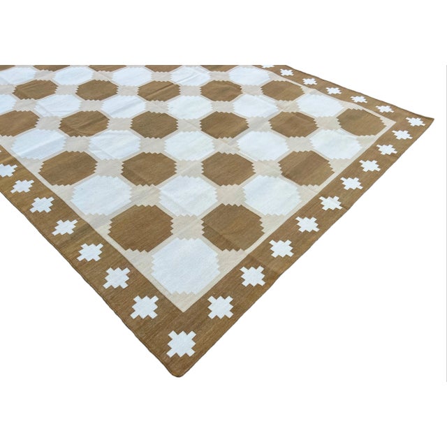 Handmade Cotton Flat Weave Area Rug, Tile Patterned Tan, Beige and Cream Dhurrie - 9'x12' For Sale - Image 6 of 11