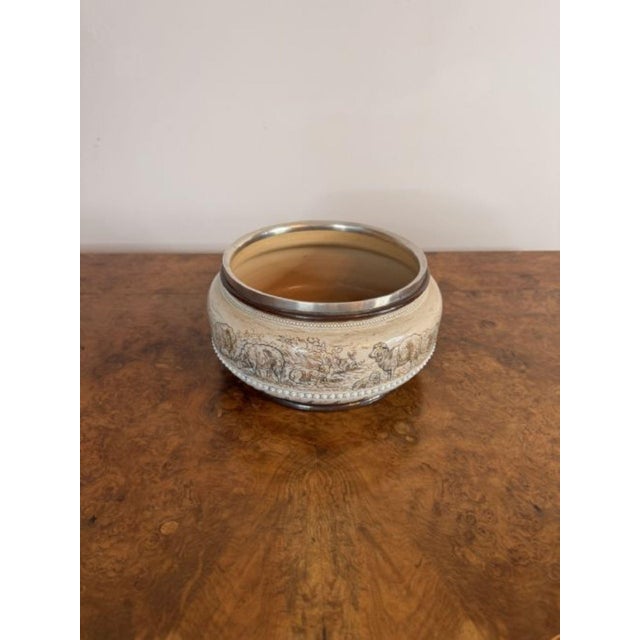 Antique Silver Rimmed Stoneware Bowl by Hannah Barlow for Royal Doulton, 1880 For Sale - Image 4 of 7