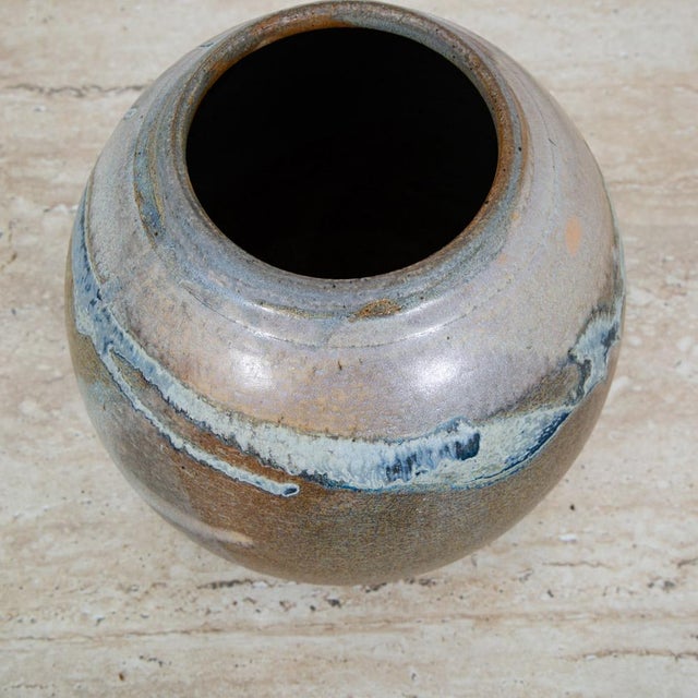 Mid Century Modern Round Vase Blue Tan Glaze Studio Ceramic Weed Vintage Flower For Sale - Image 10 of 12