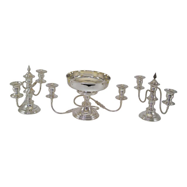 1980’s Vintage/New Old Stock Silverplate Centerpiece Epergne & Pair of Candelabras- 3 Pieces For Sale