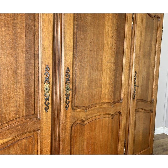 Vintage French Louis XVI Style Carved Oak 3-Door Wardrobe For Sale - Image 5 of 12