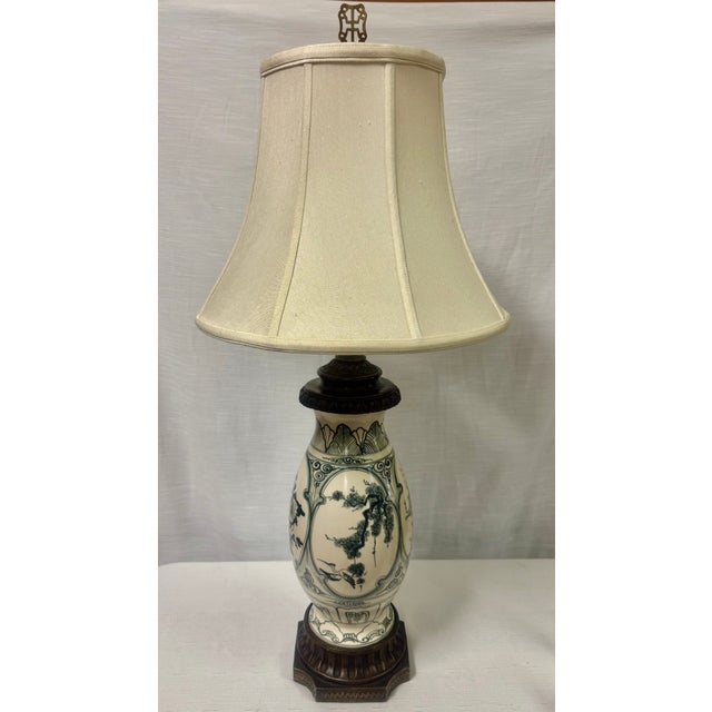 Stunning Vintage Chinoiserie Blue and White Ginger Jar Style Table Lamp With Cream Shade For Sale - Image 11 of 11