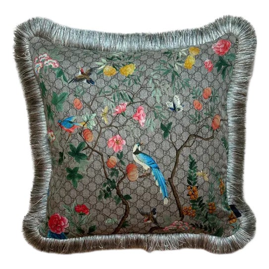 Gucci Gg Logo Tree of Life Tian Chinoiserie Vintage Silk Scarf Pillow For Sale