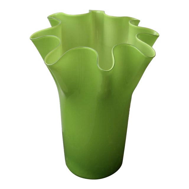 Vintage Lime Green Handblown Glass Undulating Vessel, Circa 1960s For Sale