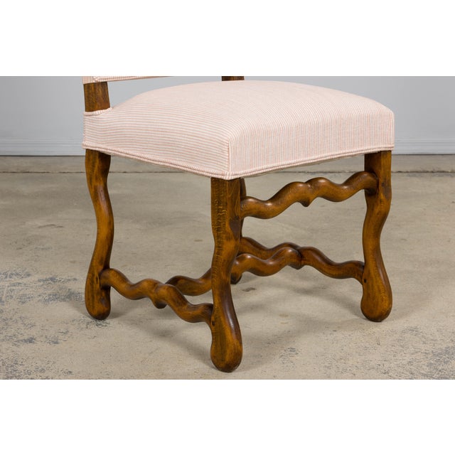 Antique French Louis XIII Style Os De Mouton Oak Dining Chairs in Blush Pink Stripe - Set of 6 For Sale - Image 9 of 17