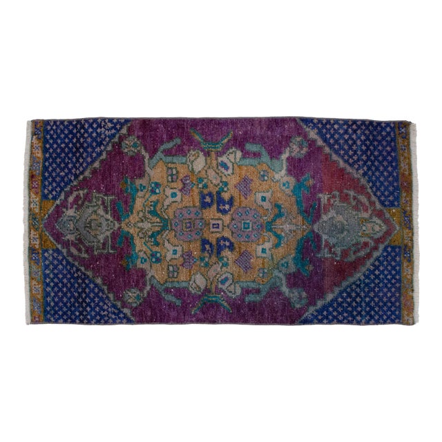 Distressed Low Pile Turkish Petite Rug Hand Knotted Entry Mat - 17'' X 31'' For Sale