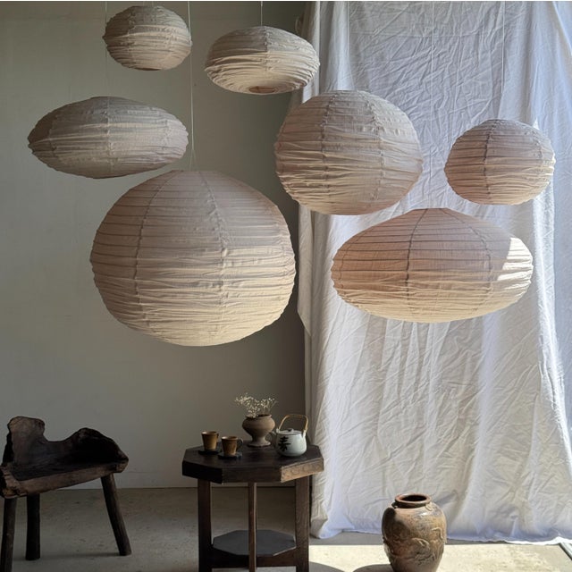 Large Vintage Oval Flattened Pink Rattan and Natural Linen Pendant Light, 1980s For Sale - Image 9 of 18