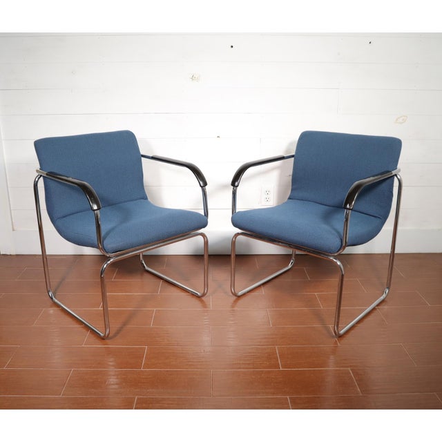 Mid-Century Modern Vintage Pair Tubular Chrome Arm Chairs by Goodform Bauhaus Milo Baughman Style Mid Century Modern Retro For Sale - Image 3 of 13
