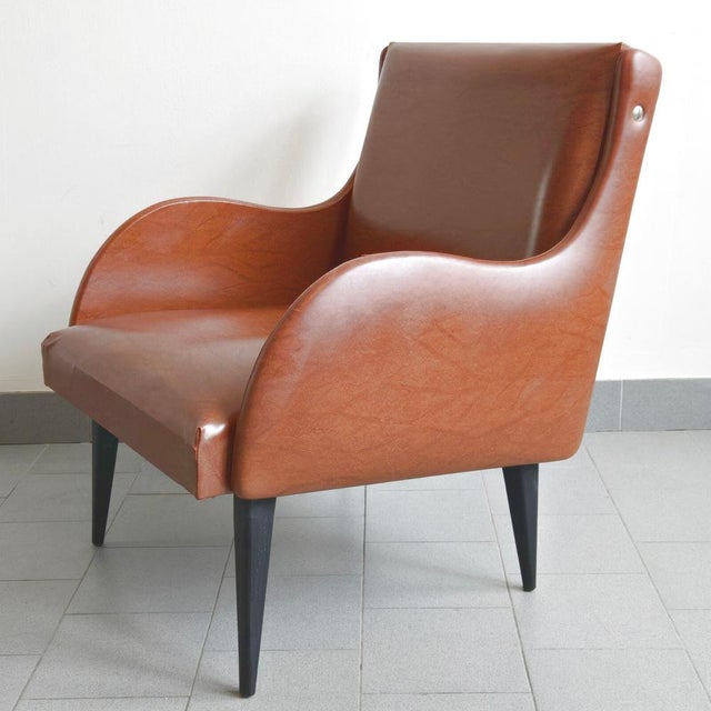Vintage French Armchair in Havana Faux Leather and Black Lacquered Wood, 1960s For Sale - Image 16 of 16