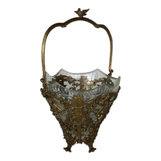 Vintage Brass Filigree and Cut Glass Basket Vase. For Sale