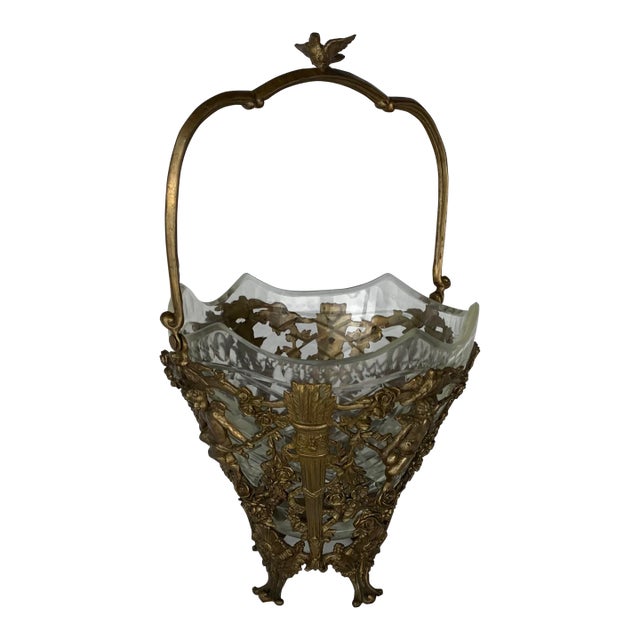 Vintage Brass Filigree and Cut Glass Basket Vase. For Sale