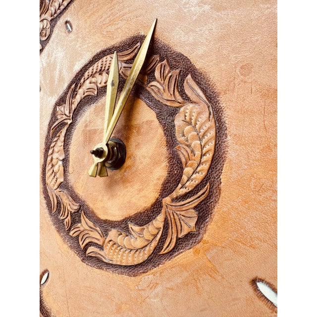 Brown 1960's Hexagon Wood & Tooled Leather Wall Clocks – Working Pair For Sale - Image 8 of 16