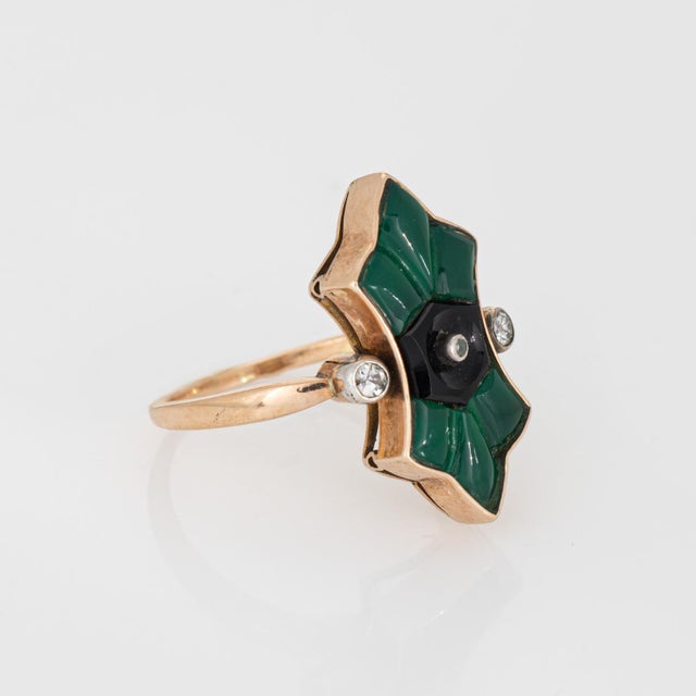 Art Deco Vintage Art Deco Austrian Ring Chrysoprase Onyx Diamond Sz 7.75 14k Yellow Gold For Sale - Image 3 of 7