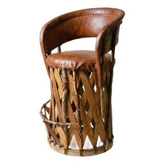 Vintage Mexican Equipale Leather & Wood Drum Chair – Rustic Southwest Barrel For Sale