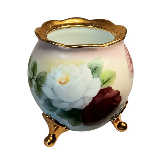 VTG Floral Handpainted Porcelain Jardiniere Rose Bowl Vase Gold Three Footed Signed Judith Knight Approximately 5" x 5"...