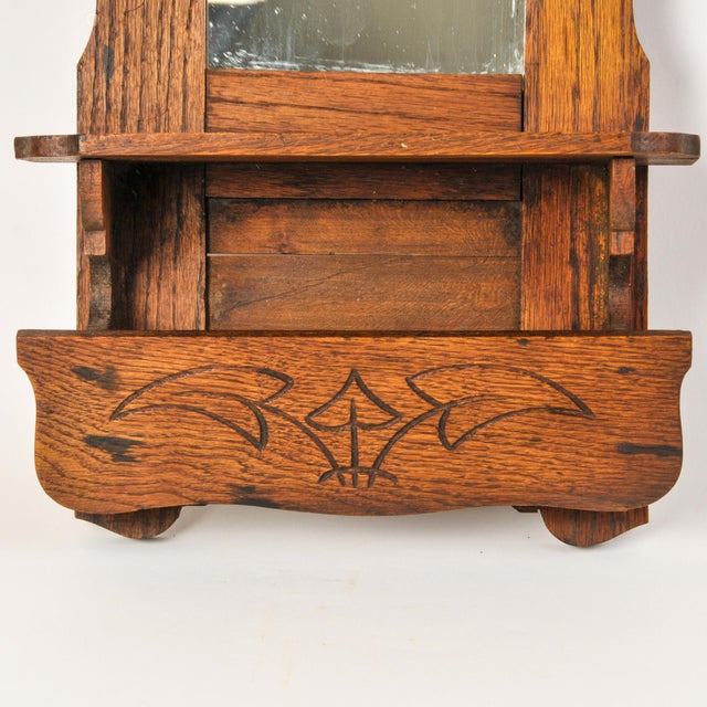 Early 20th Century Antique Wall Hanging Wood Framed Mirror With Cubby Carved Leaves For Sale - Image 5 of 12