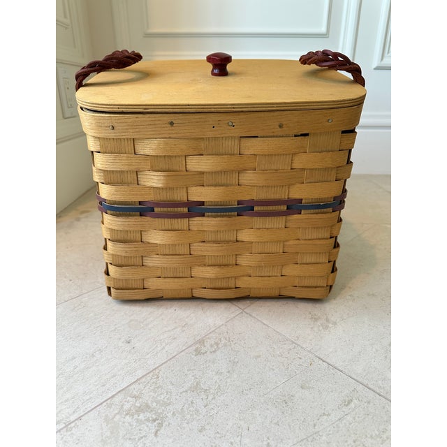 Fabulous Vintage Peterboro Woven Basket. Featuring gorgeous braided leather handles, brass brads and a removable lid....