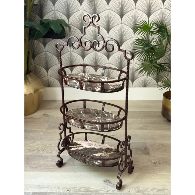 Brown Marble Stone and Wrought Iron Metal 3-Tier Plant Stand or Bar Cart For Sale - Image 8 of 16