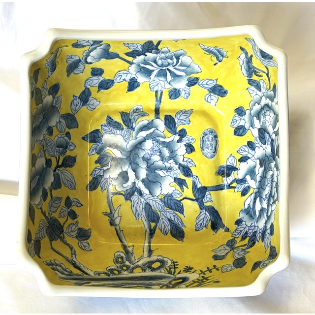 Boho Chic Vintage Chinoiserie Style Blue and Yellow Ceramic Handkerchief Bowl For Sale - Image 3 of 12