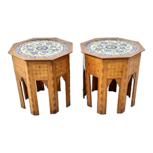 Antique Turkish Tile Top and Wood Marquetry Side Tables-A Pair