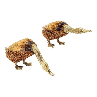 Sculpture Pair Rare 1970s Hand Made Italian Brass Ducks With African Bamboo Trading Beads by Tarzia Firenze Italy For Sale