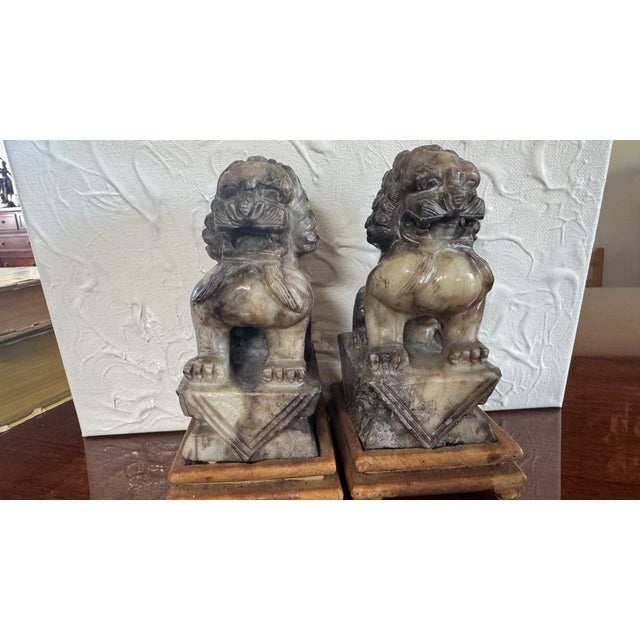 Stone Vintage Foo Dogs Gray Marble Chinese Temple Lions 6” Tall For Sale - Image 7 of 14