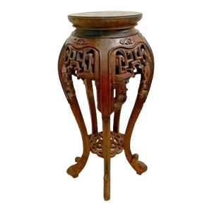 Antique Tall Plant Stand French Polynesian Lattice Carved Display Bottom Shelf