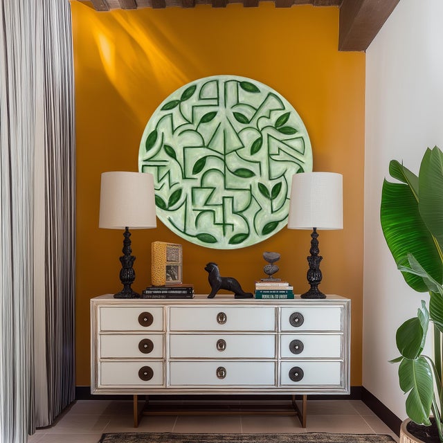 Textile Tondo Arboretum - Circular Contemporary Abstract Sage Green Botanical Painting Original Artwork by Harrison Gilman For Sale - Image 7 of 8