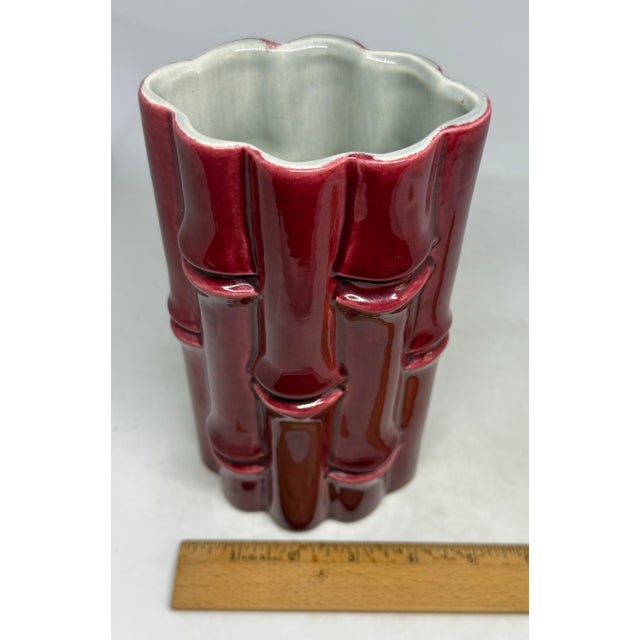 1950’s Red Wing Usa Burgundy Bamboo Ceramic 7.5” Tall Vase #400 Light Grey Interior For Sale - Image 10 of 12