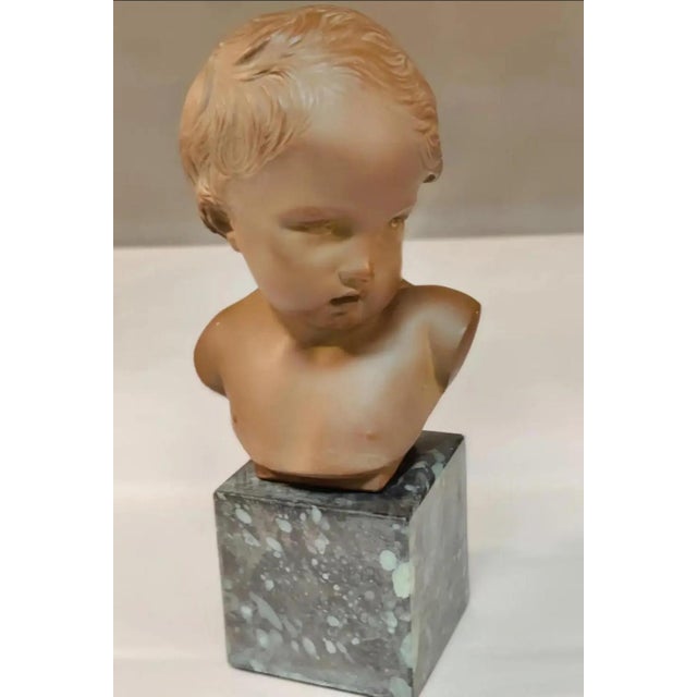 1950s Vintage French Terracotta Bust of a Child on Marble Plinth For Sale - Image 5 of 12