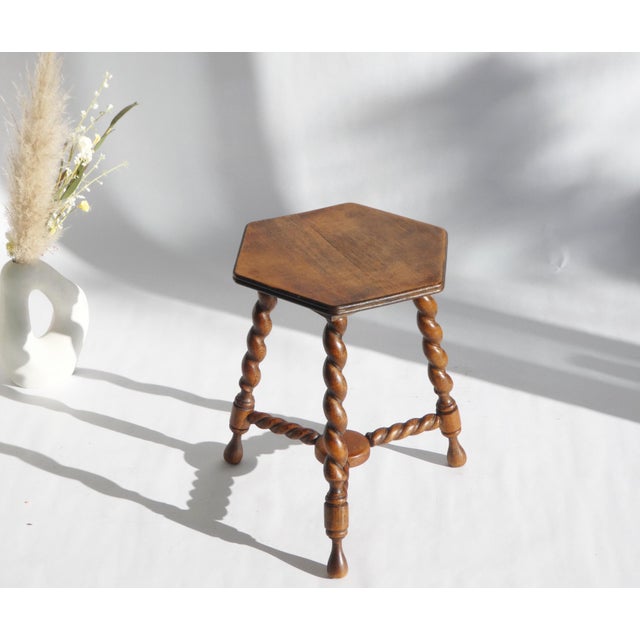 Antique Rustic Farmhouse Hexagon Wooden Barley Twist Plant Stand, 1920s For Sale - Image 9 of 9