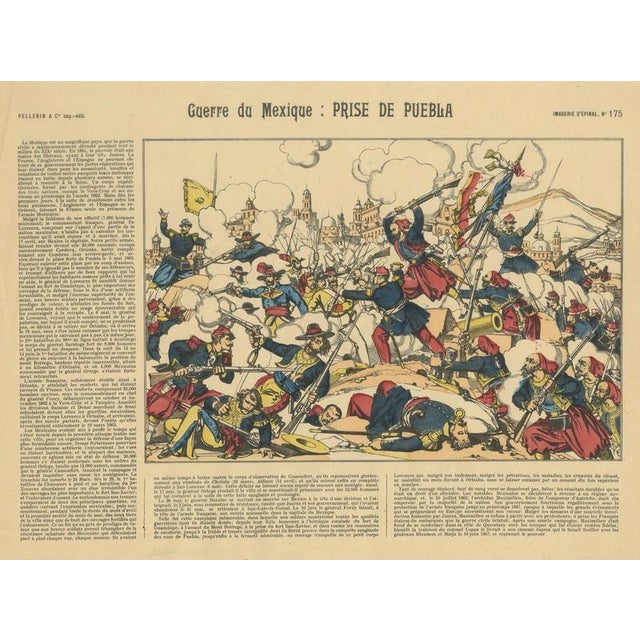 Prise de Puebla Mexico 1863 French Intervention Épinal Battle Print This dynamic French color lithograph illustrates the...