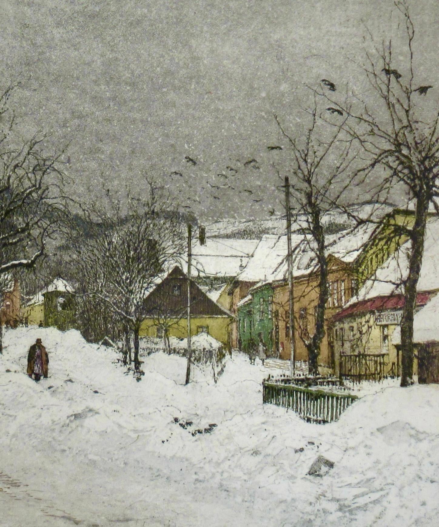 Luigi Kasimir Grinzing, Snow Scene, Austria, Large Color Etching