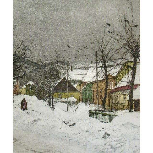 Luigi Kasimir Grinzing, Snow Scene, Austria, Large Color Etching 1940 Original Print For Sale In San Francisco - Image 6 of 8