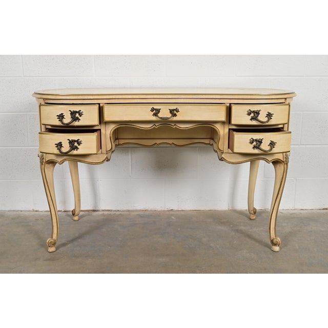 John Widdicomb Style French Provincial Louis XV Cream Lacquered and Gold Gilt Leather Top Ladies Writing Desk and Chair, Circa 1950s For Sale In South Bend - Image 6 of 15