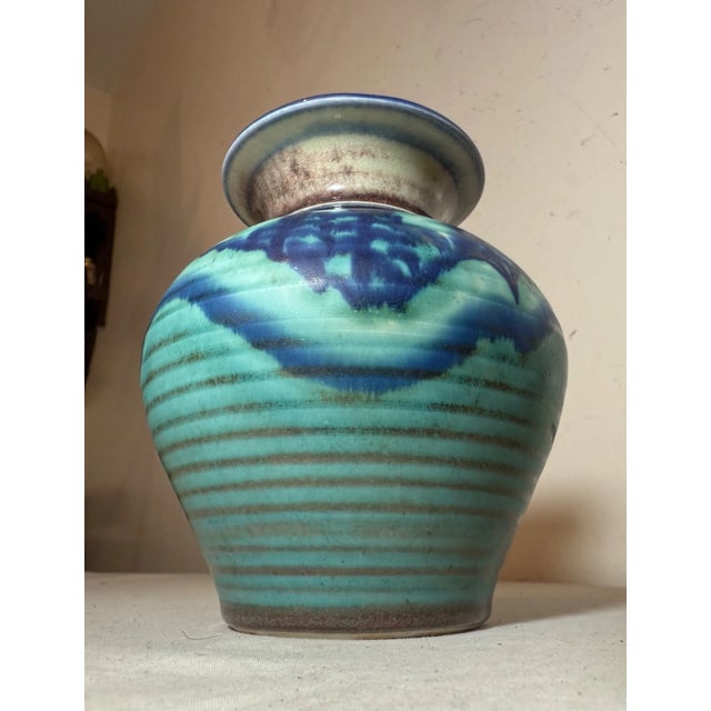 1990s Share Original John Preschutti Graeagle Oktoberfest 97 Blue Glazed Pottery Vase For Sale - Image 5 of 9