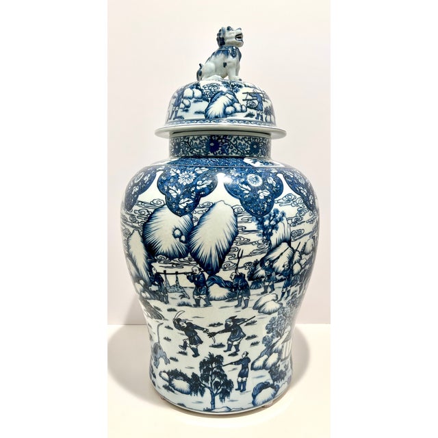 Ethan Allen Ethan Allen Large Blue & White Porcelain Temple Jar W/ Foo Dog Lid – 25” Chinoiserie For Sale - Image 4 of 12
