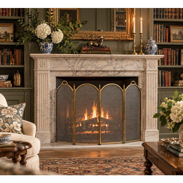 Hollywood Regency Vintage Solid Brass and Mesh 4 Panel Folding Fireplace Screen With Handles For Sale - Image 3 of 3