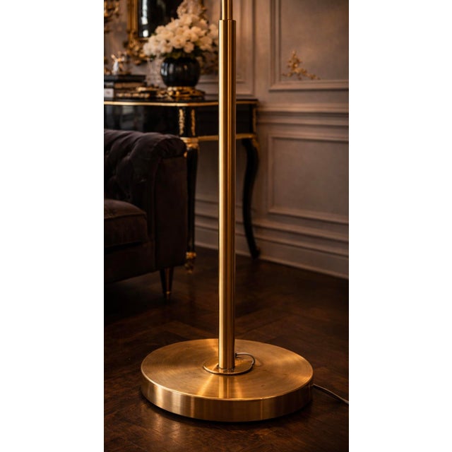 Late 20th Century Dramatic Hollywood Regency Brass Arc Floor Lamp With Black Feather Shade – From a Curated Private Collection For Sale - Image 4 of 8